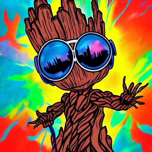 Image similar to svg sticker of a Pop-Wonder Groot-Marvel-Avenger at a rave, spinning records, giant headphones rocking out, wearing headphones, huge speakers, dancing, rave, DJ, spinning records, digital art, amazing composition, rule-of-thirds, award-winning, trending on artstation, featured on deviantart