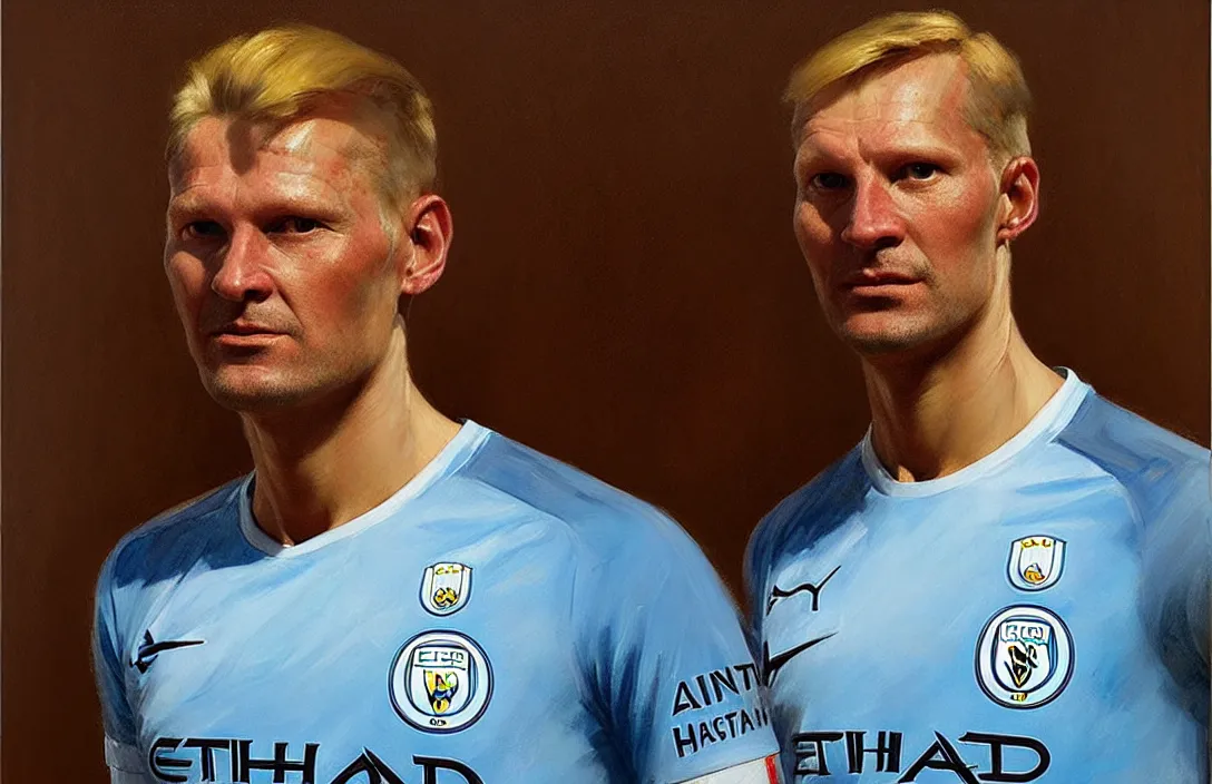 Image similar to portrait of erling haaland manchester city!!!!!!!!!!!!!!!!!!!!!!!!!!!, detailed face, detailed painting, epic lighting, by ilya repin, phil hale and kent williams