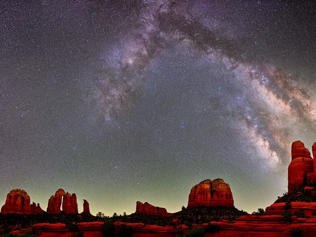 Image similar to long distance shot, sedona's cathedral rock bluff, night, milky way, intricate lines, elegant, extreme detail, sharp focus, photo realistic, ultra realistic, photographic