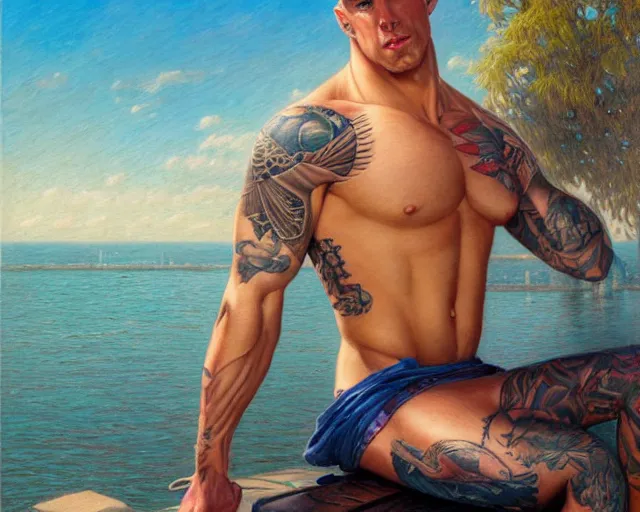 Image similar to handsome tattooed blonde gym bro by the water, synthwave painting by artgerm, gaston bussiere, craig mullins, j. c. leyendecker, tom of finland