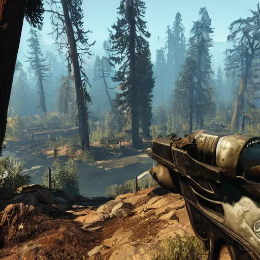 Prompt: sequoia national park in ruins post - nuclear war in fallout 4, in game screenshot