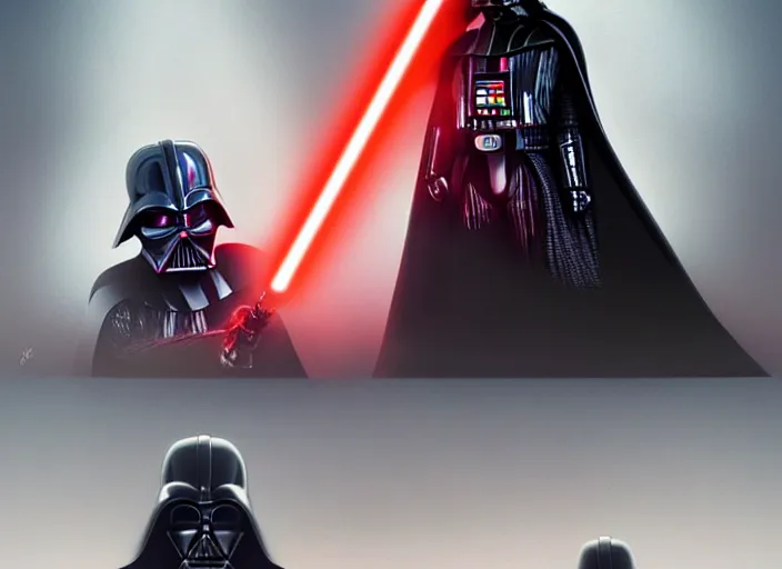 Image similar to a dramatic highly detailed render of darth vader with red lightsaber drawn facing a cute baby with its back to the camera, futuristic star wars vibe, by WLOP and Artgerm and Greg Rutkowski and Alphonse Mucha, Beautiful dynamic dramatic dark moody lighting, shadows, cinematic atmosphere, Artstation, concept design art, Octane render, 8K, masterpiece, sharp focus, hyperrealistic