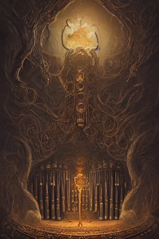 Image similar to illustration of close low angle view of an ornate obsidian gothic pipe organ with gold spidery embellishments, night, smoke, ground fog, by peter mohrbacher, by frank frazetta, by alex andreev, by vincent di fate, large depth of field, super detailed, digital art, trending on artstation, ornate