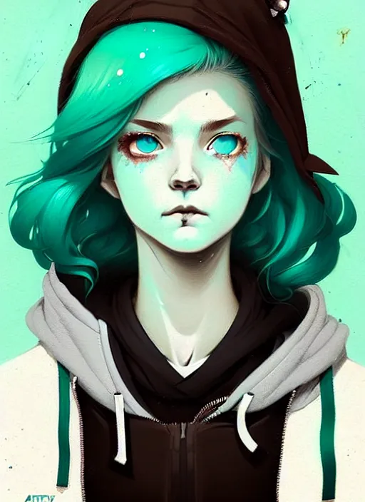 Image similar to highly detailed portrait of a urban punk lady student, blue eyes, hoodie, white hair by atey ghailan, by greg rutkowski, by greg tocchini, by james gilleard, by joe fenton, by kaethe butcher, gradient green, black, brown and teal color scheme, grunge aesthetic!!! ( ( graffiti tag wall background ) )