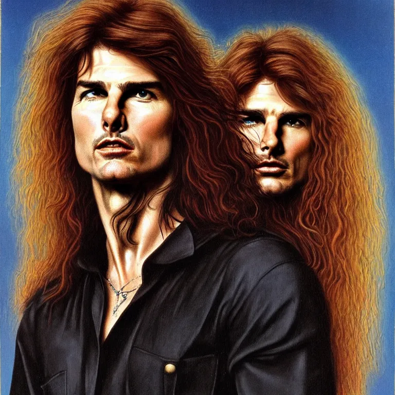 Prompt: Pre-Raphaelite portrait of Tom Cruise as the leader of a cult 1980s heavy metal band, with very long blond hair and grey eyes