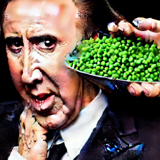 Prompt: nicolas cage with peas on his face, screaming in a wicker basket