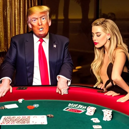 Prompt: donald trump and amber heard playing poker at night