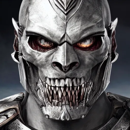 Image similar to an armored orc warrior, photo, professionally retouched, dramatic lighting, wearing bone armor, illuminated by moonlight, realistic, scared face, demonic, predator eyes, wide angle, sharp focus on eyes, 8 k high definition, insanely detailed, intricate, elegant, art by artgerm and wlop