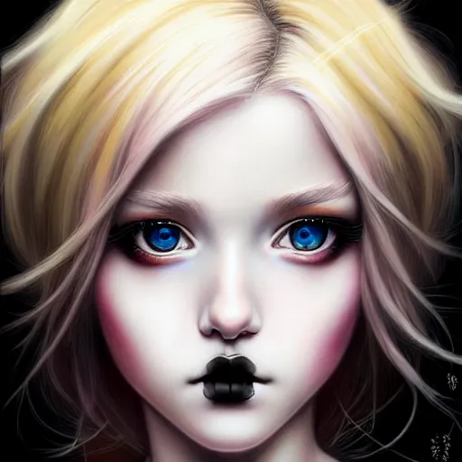 Prompt: a photorealistic detailed cinematic upclose image portrait of blonde goth girl. powerful, triumph, kawaii, glory, astonishing, by pinterest, range murata, david a. hardy, kinkade, lisa frank, ilya, mucha, wpa, public works mural