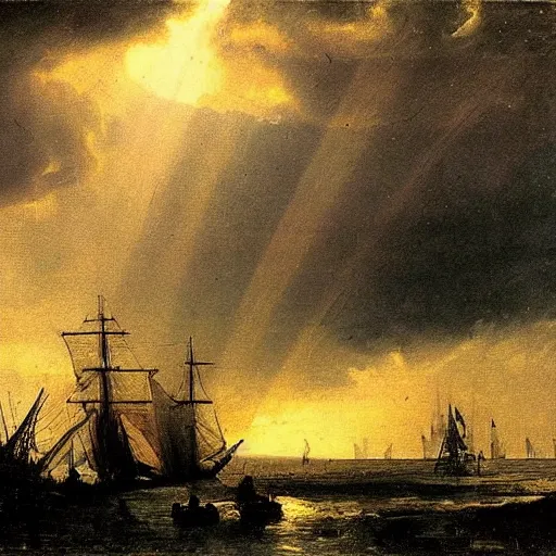 Image similar to oil painting of medieval harbour, storm clouds, sunrays, very very very very very beautiful bright art, american romanticism by goya