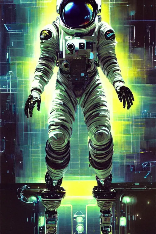 Image similar to a futuristic cybernatic astronaut, led lights, painting by greg ruthowski, alphonse murac, yoji shinkawa, john berkey, wlop, craig mullins, collaborative artwork, exquisitely high quality and detailed