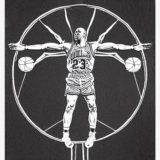 Prompt: Michael Jordan as the Vitruvian Man by leonardo da vinci, detailed, 8k, intricate blueprint