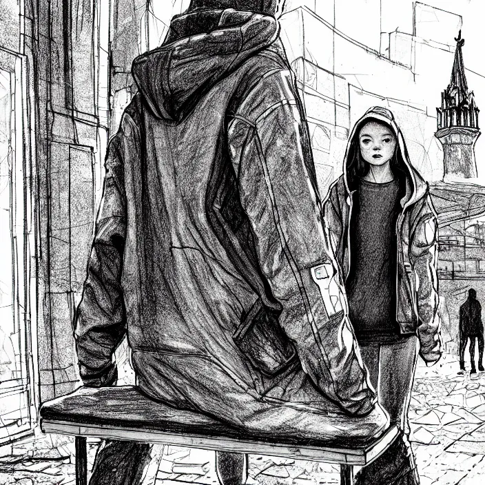 Image similar to storyboard : sadie sink in hoodie sat down on bench in ruined square, pedestrians walk by, old soviet monument. scifi cyberpunk. drawn by gabriel hardman. cinematic atmosphere, detailed and intricate, perfect anatomy