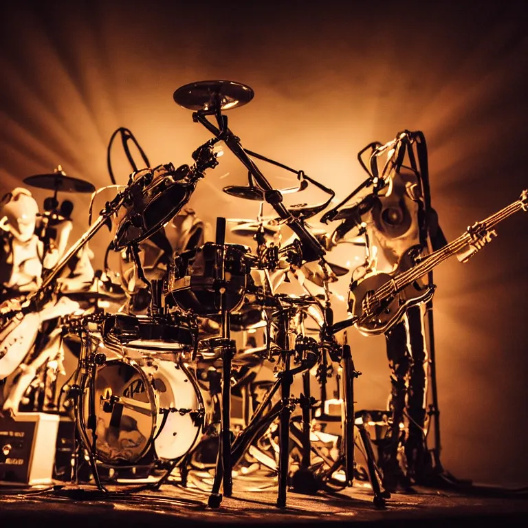 Image similar to a beautiful electronic concert photo shot of a couple of threea toys figurines by ashley wood, octopus robots playing drums and fender telecaster guitar, black background, concert light, dark mood, warm lights