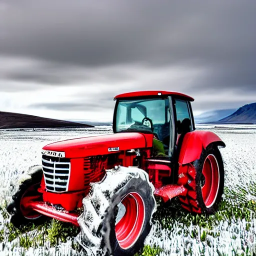 Image similar to a wide angle HDR photograph of a red tractor in a field in Iceland, snowy mountain backdrop with moody clouds, shot from low angle