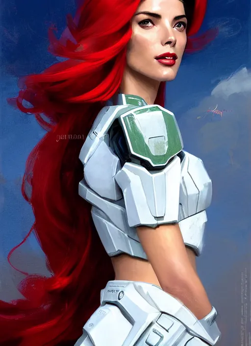 Prompt: A combination of Adriana Dxim's and Grace Kelly's and Ashley Greene's appearances with red hair wearing Forerunner armor from Halo, countryside, calm, fantasy character portrait, dynamic pose, above view, sunny day, thunder clouds in the sky, artwork by Jeremy Lipkin and Giuseppe Dangelico Pino and Michael Garmash and Rob Rey and Greg Manchess and Huang Guangjian, very coherent asymmetrical artwork, sharp edges, perfect face, simple form, 100mm