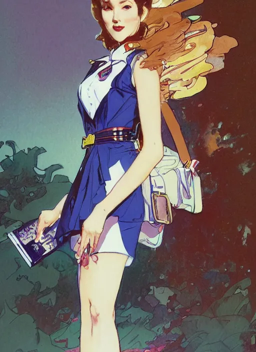 Prompt: a copic maker sketch of a stewardess girl wearing kikyo's clothing designed by balenciaga by john berkey by stanley artgerm lau, greg rutkowski, thomas kinkade, alphonse mucha, loish, norman rockwell