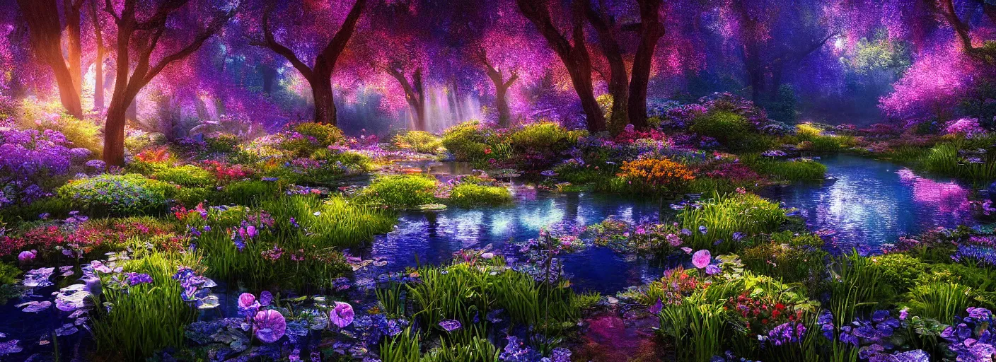 Image similar to photograph of enchanted garden, blue pond in the middle, with rays of light, flowers with intricate detail, by marc adamus, highly detailed, intricate detail, cinematic lighting