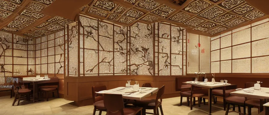 Image similar to a beautiful hyperdetailed interior render of roasted string hotpot restaurant restaurant yan'an, wall corner, from china, paper wall and white tile floor, with merchant logo, fine delicate structure, chinese style, simple composition, simple style structure decoration design, victo ngai, 4 k hd