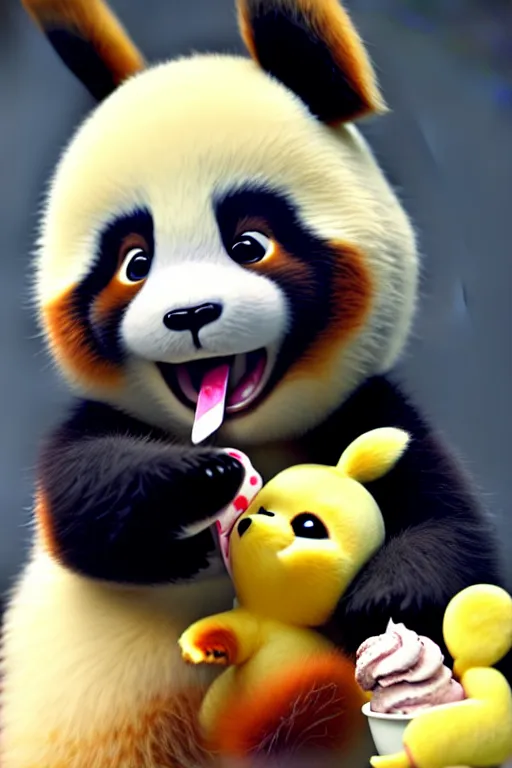 Prompt: high quality 3 d render hyperrealist very cute lowbrow happy panda & fox hybrid eating ice cream, vray smooth, in the style of detective pikachu, very dramatic light, low angle, uhd 8 k, shallow depth or field