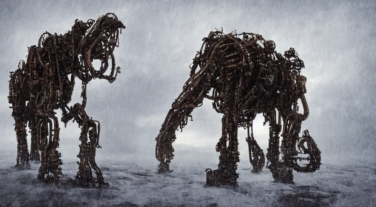 Prompt: “photo of a complex futurist steampunk mechanical mammoth in an arctic storm, fog, snow storm, cold sunset, wind , ice, photoreal”