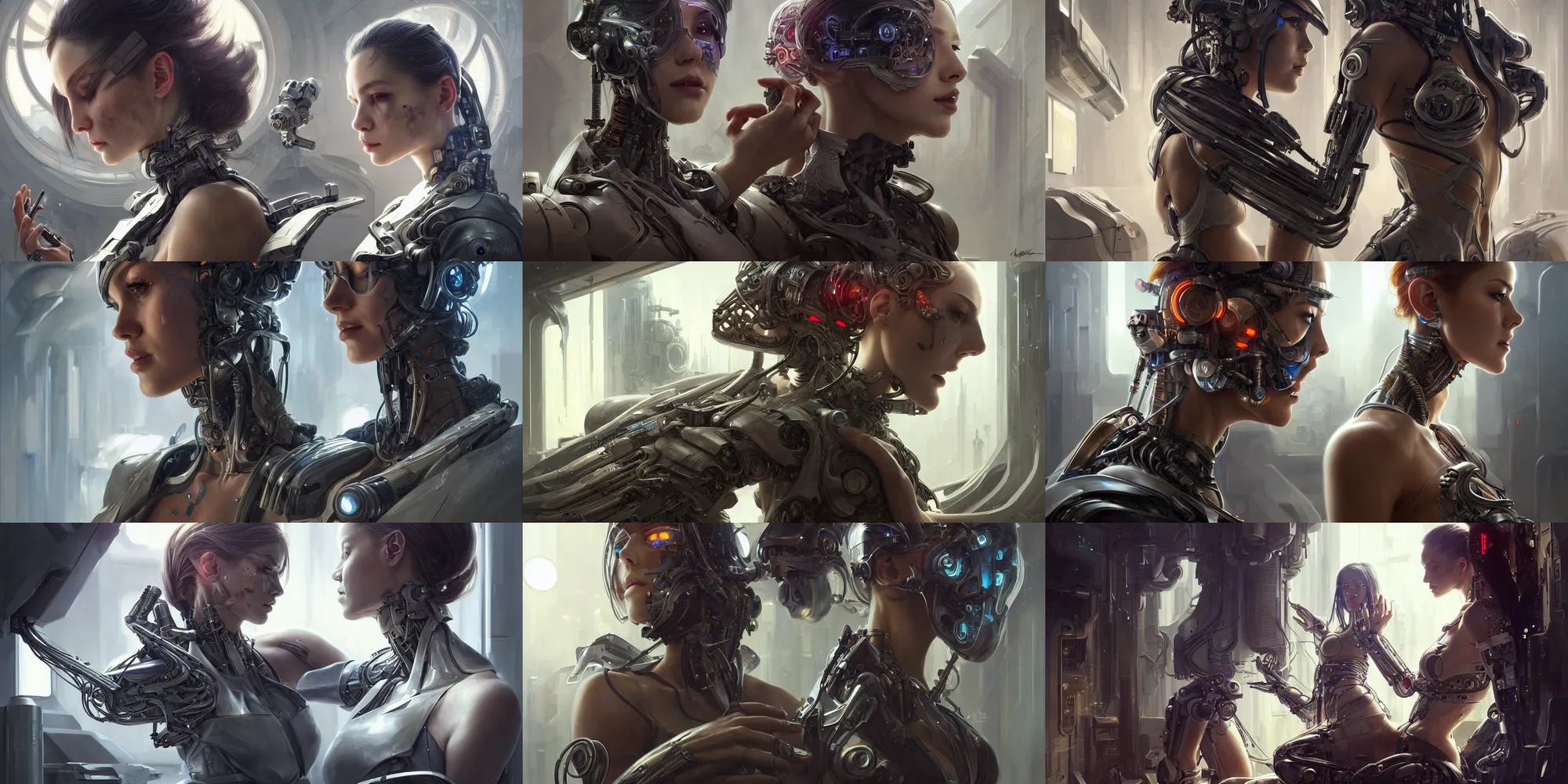 Prompt: Ultra realistic illustration, beautiful alluring damaged assassin cyborg being put back together in an super advanced military medical bay, gorgeous face, cyberpunk, sci-fi, fantasy, intricate, elegant, highly detailed, digital painting, artstation, concept art, smooth, sharp focus, illustration, art by artgerm and greg rutkowski and alphonse mucha