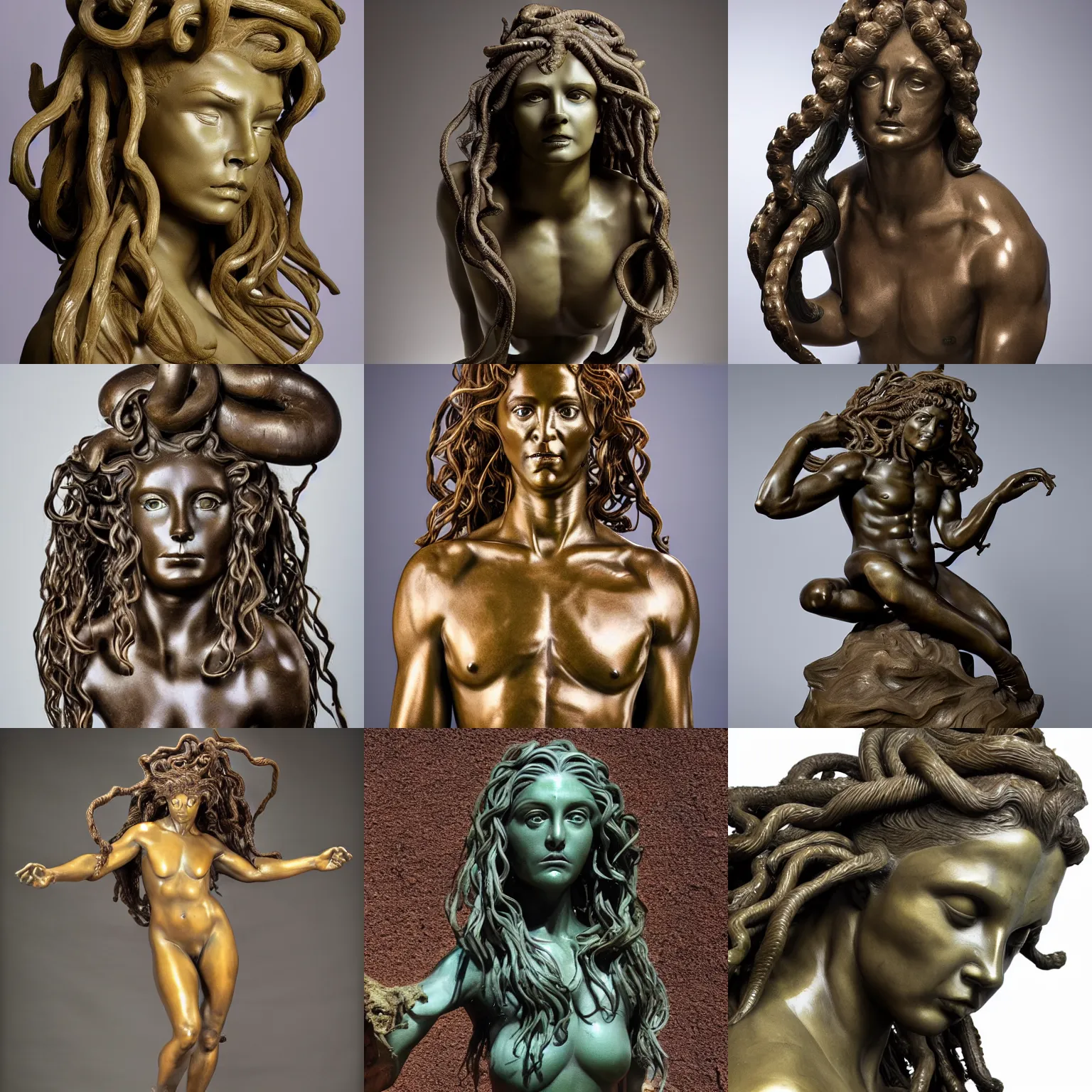 Prompt: full body bronze sculpture of medusa, in the style of michelangelo, very long hair, sharp facial features, angry, professional photography, dynamic and dominant