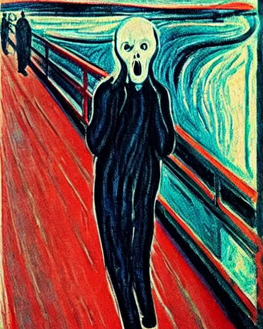 Image similar to a painting of ghostface in the scream by edvard munch