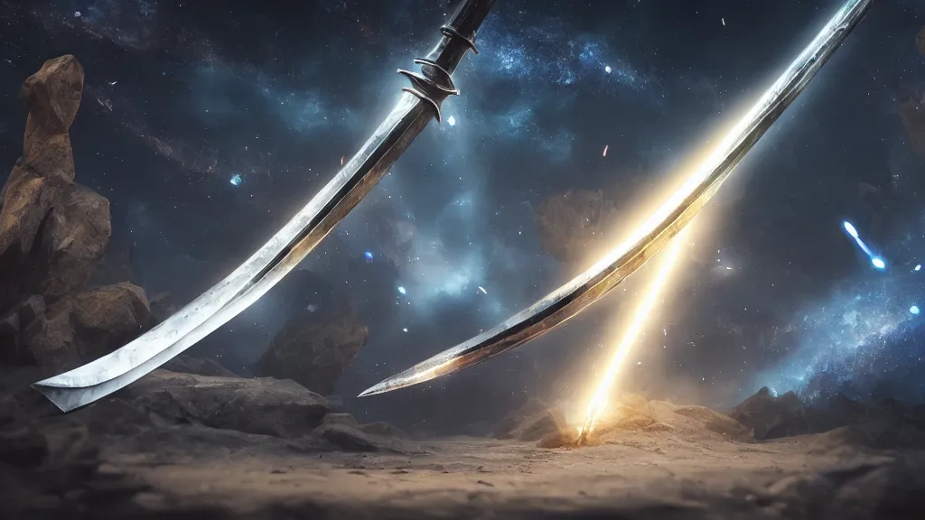 Prompt: broad sword filled with universe, milky way, 3 feet long, cinematic lighting, concept art, inscriptions, hyper detailed, octane render, 4 k, 8 k