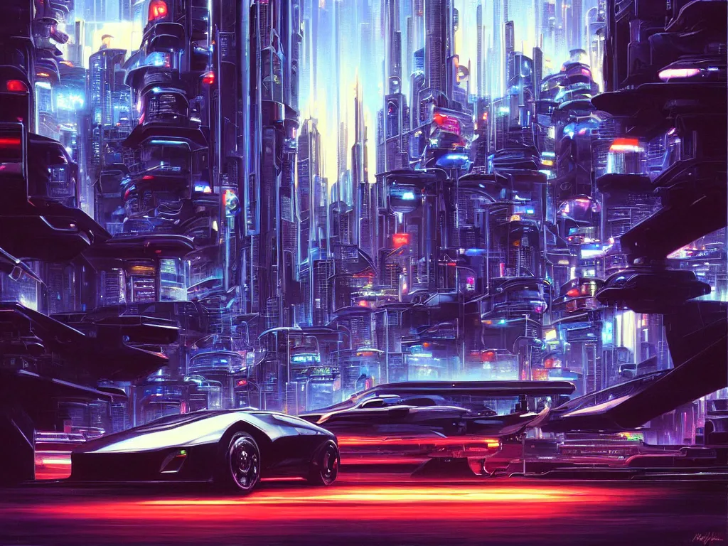 Prompt: hyperrealistic painting of a slice of life from a futuristic city, mechanical designs, night, technological, cinematic, cyberpunk scene, futuristic cars, sharp focus, cyberpunk style, highly detailed!, realism, acrylic on canvas, 8 k resolution, concept art, by noriyoshi ohrai, vincent di fate