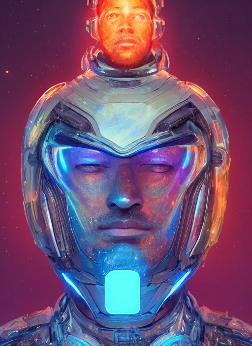 Prompt: masterpiece portrait of a cosmic man wearin glowwave armor, au naturel, hyper detailed, digital art, trending in artstation, cinematic lighting, studio quality, smooth render, unreal engine 5 rendered, octane rendered, art style by klimt and nixeu and ian sprigger and wlop and krenz cushart