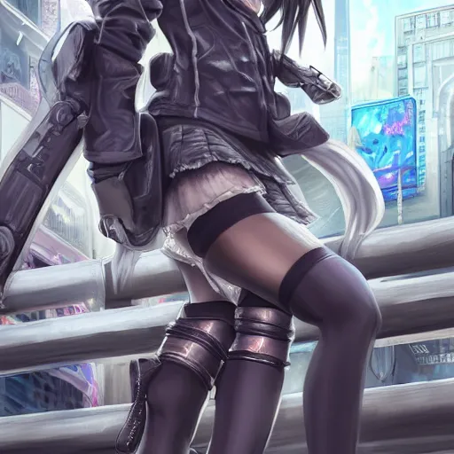 Image similar to dynamic composition, motion, ultra-detailed, incredibly detailed, a lot of details, amazing fine details and brush strokes, colorful and grayish palette, smooth, HD semirealistic anime CG concept art digital painting, watercolor oil painting of Clean and detailed post-cyberpunk sci-fi close-up schoolgirl wearing thigh highs and school uniform, in asian city in style of cytus and deemo, blue flame, relaxing, calm and mysterious vibes,, by a Chinese artist at ArtStation, by Huang Guangjian, Fenghua Zhong, Ruan Jia, Xin Jin and Wei Chang. Realistic artwork of a Chinese videogame, gradients, gentle an harmonic grayish colors. set in half-life 2, Matrix, GITS, Blade Runner, Neotokyo Source, Syndicate(2012), dynamic composition, beautiful with eerie vibes, very inspirational, very stylish, with gradients, surrealistic, dystopia, postapocalyptic vibes, depth of field, mist, rich cinematic atmosphere, perfect digital art, mystical journey in strange world