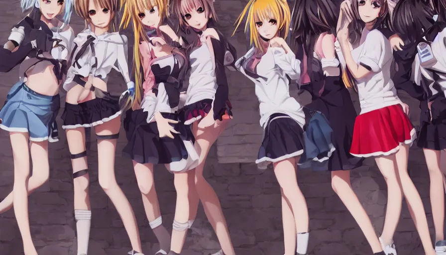 Image similar to group of cute anime characters in very short miniskirts, lightly dressed, ultra detailed digital art, hyper real, detailed, group photo, ultra detailed, ground up angle