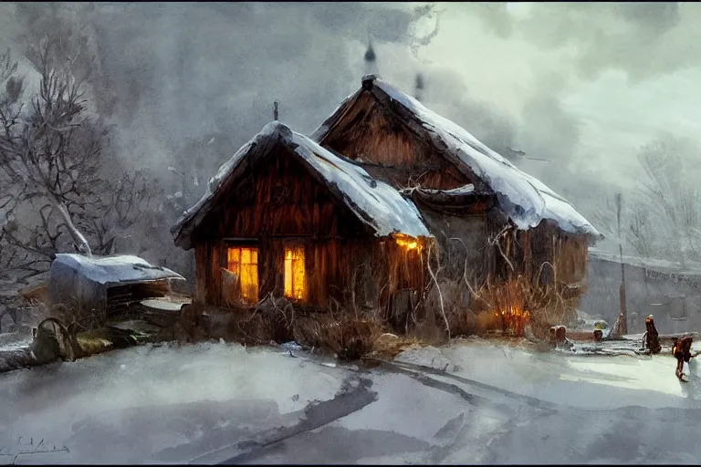 Prompt: paint brush strokes, abstract watercolor painting of rustic village house at winter dawn, lantern, medieval straw roof, scandinavian viking age, ambient lighting, art by hans dahl, by jesper ejsing, art by anders zorn, wonderful masterpiece by greg rutkowski, cinematic light, american romanticism by greg manchess, impressionism by tyler edlin