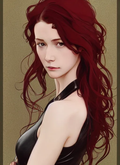 Image similar to pretty young woman with shoulder length shiny shimmering dark red hair and wearing leather suit, path traced, highly detailed, high quality, digital painting, by studio ghibli and alphonse mucha, leesha hannigan, makoto shinkai, disney