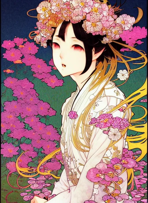 Prompt: exquisite imaginative manga poster art of keqing, genshin impact, flowers, pearlescent, shimmering, reflective, rim light, detailed background, by kojima ayami, akihiko yoshida, minaba hideo, alphonse mucha, art nouveau, illustration, artstation, concept art, highly detailed, colorful, maximalist