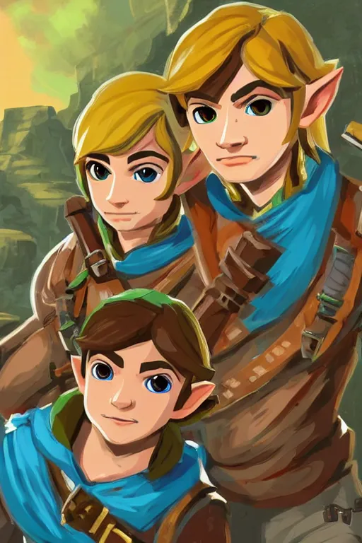 Image similar to an in game portrait of drake and josh from the legend of zelda breath of the wild, breath of the wild art style.