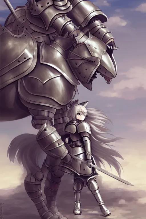 Image similar to female knight riding a heavy armored giant cat, finely detailed features, closeup at the faces, perfect art, gapmoe yandere grimdark, trending on pixiv fanbox, painted by studio ghibli, akihiko yoshida