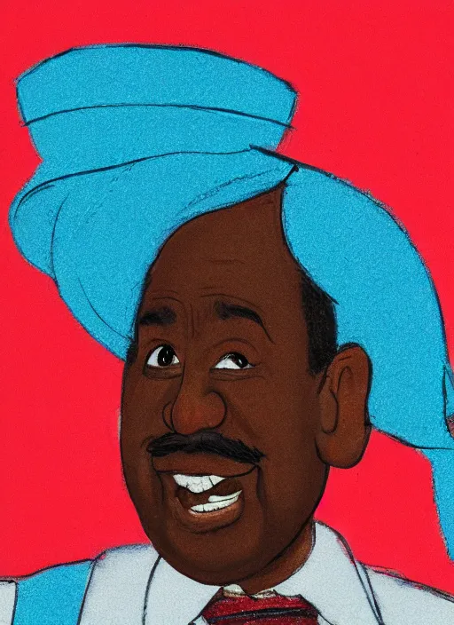 Prompt: ( ( ( caricature of leslie david baker as stanley hudson of the office television series ) ) ) pastels, head to waist, light coming from the right side, red background,