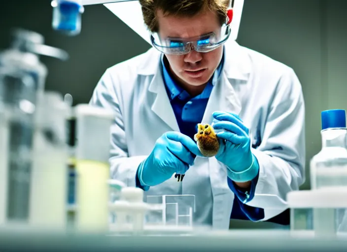 Image similar to film still of a hamster working in a research lab finding the cure for cancer, 8 k