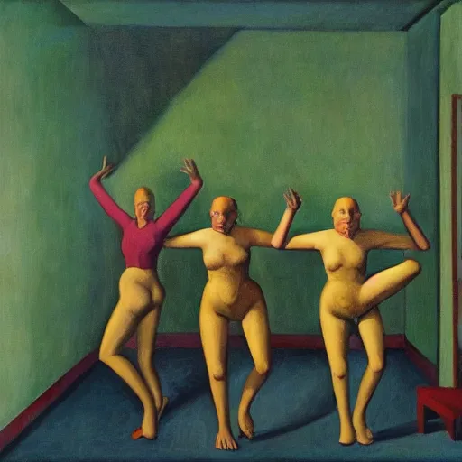 Image similar to twenty dwarves took turns doing handstands on the carpet, pj crook, edward hopper, oil on canvas