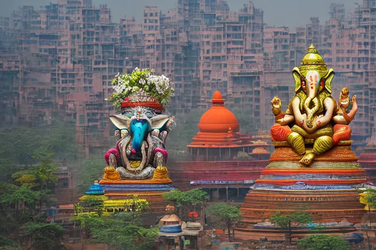 Image similar to beautiful futuristic new delhi, sharp sci - fi ganesha!! building, kalighat flowers, highly detailed cinematic, stephen shore & john j. park, soft morning light, wide shot, high angle, uhd 8 k, editorial photography