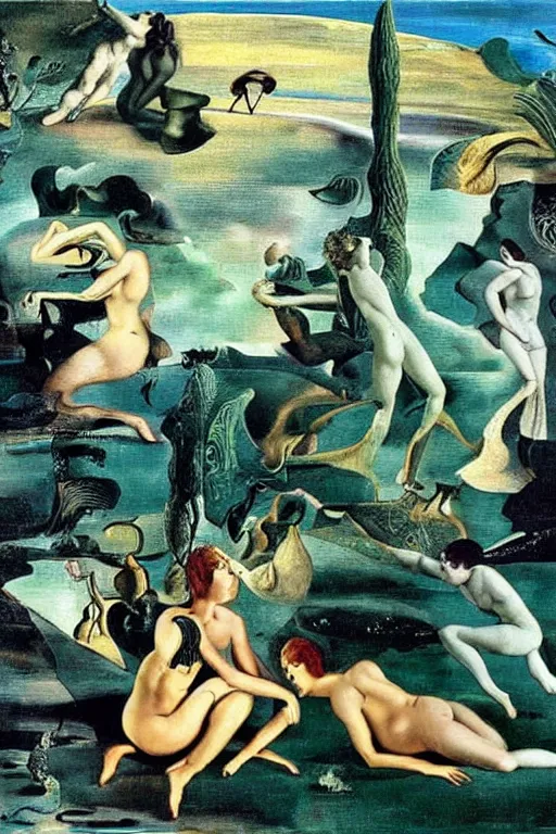 Prompt: Nymphs Listening to the Songs of Orpheus, oil painting by Salvador Dali