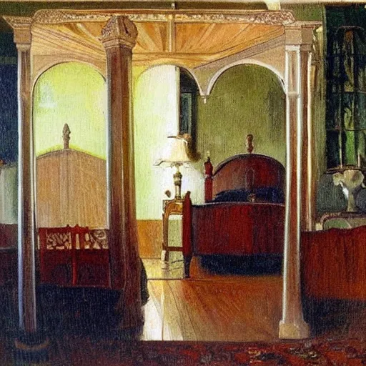 Prompt: a scary four-poster bed inside a victorian home that consumes souls. Oil panting.