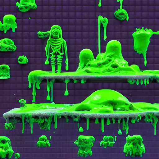 Image similar to slime lord king of the slime universe, skeleton, full body included, wide shot, 1 4 mm lens, f 2. 8, goopy, goop, fluids, soft tissue, subsurface scattering, reflections, ambient occlusion, raytracing, unreal engine 5, pixel art 8 - bit, by beeple