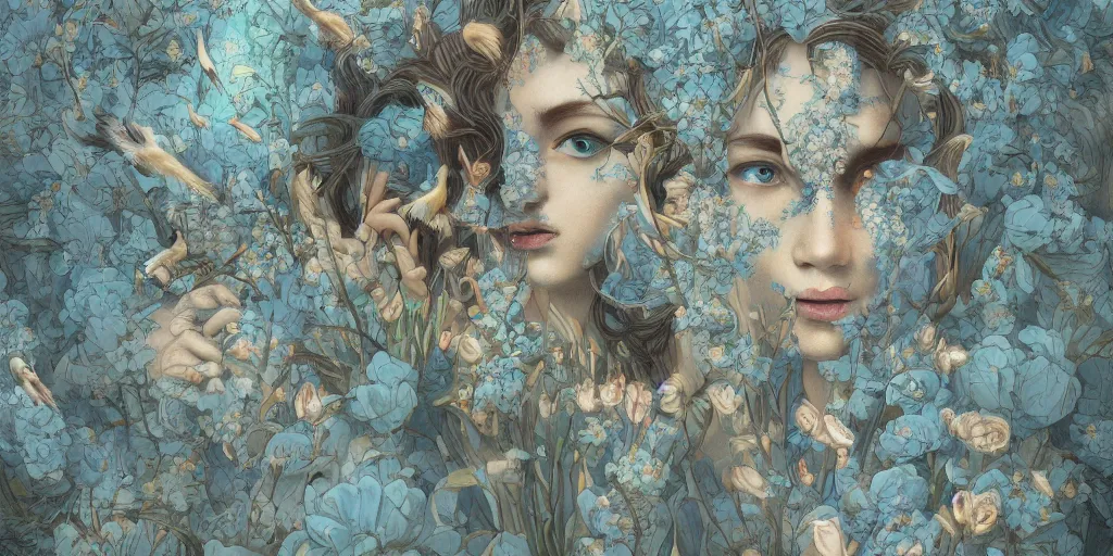 Image similar to breathtaking detailed concept art painting art deco pattern of faces goddesses amalmation light - blue flowers with anxious piercing eyes and blend of flowers and birds, by hsiao - ron cheng and john james audubon, bizarre compositions, exquisite detail, extremely moody lighting, 8 k