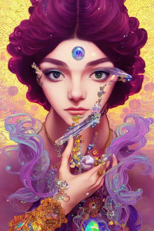 Image similar to psychedelic, intricate, highly detailed, anime, 4k, beautiful seductive woman holding a crystal containing the universe, with professional makeup, long trippy hair, surrounded by gems, underneath the stars, trending on patreon, deviantart, twitter, artstation, volumetric lighting, heavy contrast, by artgerm and Ilya Kuvshinov and alphonse mucha