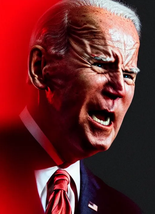 Image similar to hyper realistic photo towering angry wrathful furious glowing red eyes biden