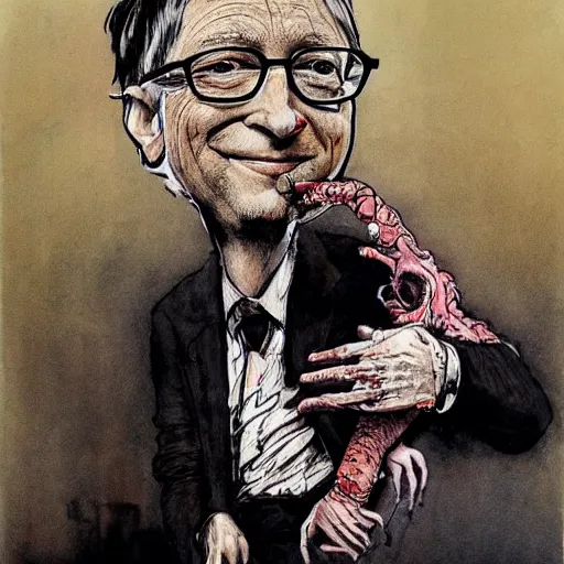 Prompt: bill gates holding a vaccine in his hand, horror, by Ralph Steadman
