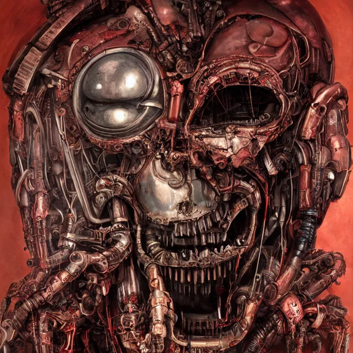 Image similar to in the art style of H.R. Giger a portrait of an evil, demented battle-damaged ruby Ultron from Age of Ultron, clockwork steampunk, head and chest only, by Beksinski, 4k, deviantart, trending on artstation, bio-chemical, bionic, fiber-optics, wires, electrical, short circuit, robocop, terminator, t-800, T-1000, endoskeleton, steampunk